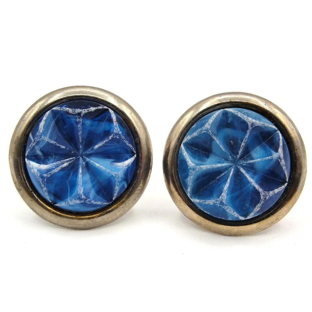 Vintage Swank MCM Cobalt Blue Starburst Atomic Cufflinks Tie Bar Set Gold Tone